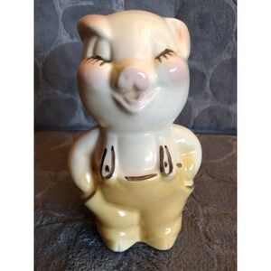 Vintage Ceramic Winking Pig Coin Bank Yellow Overalls Figurine 7 Inch